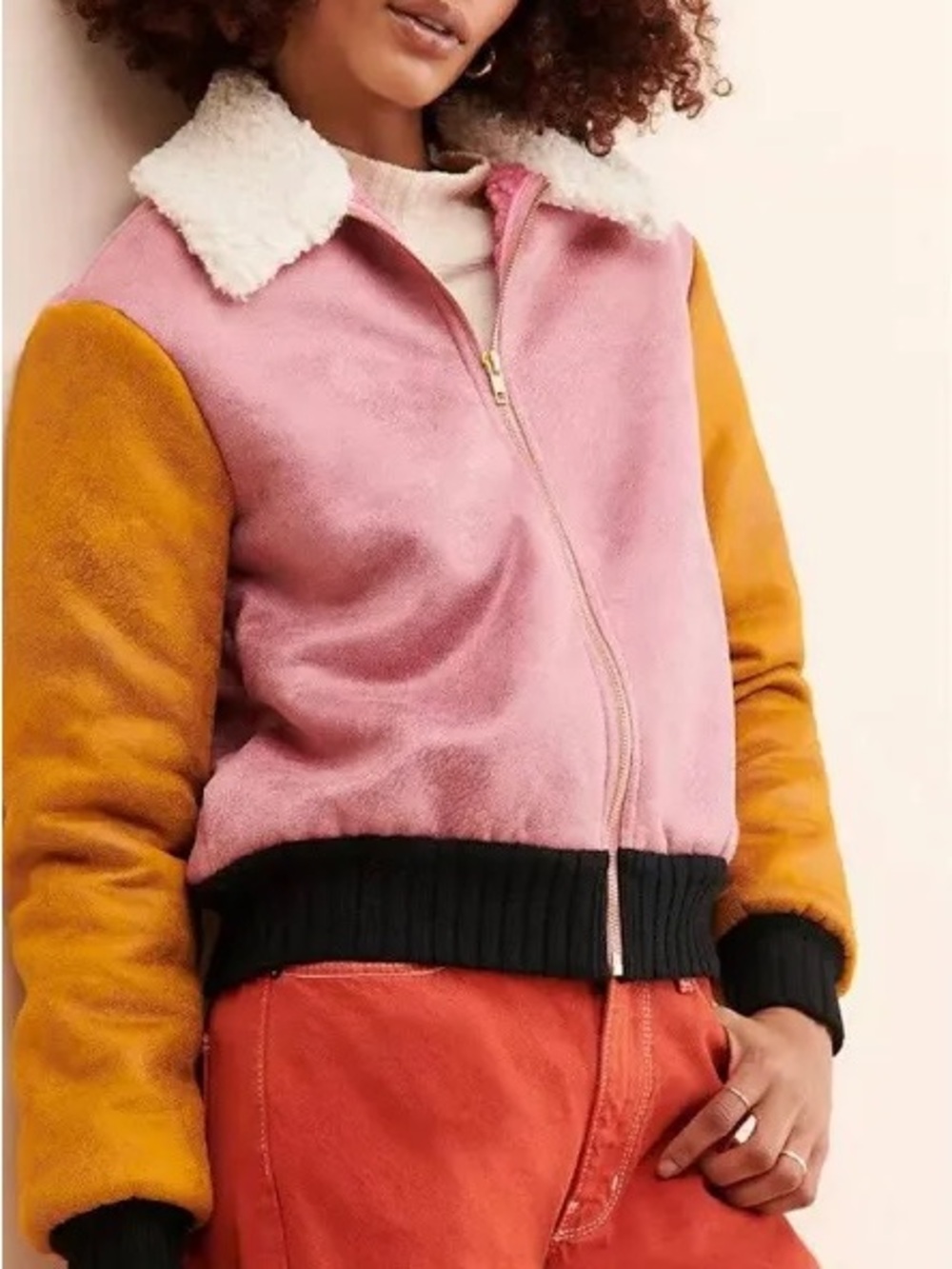 Hutch Pink & Mustard Colorblock Faux-Shearling Bomber Jacket